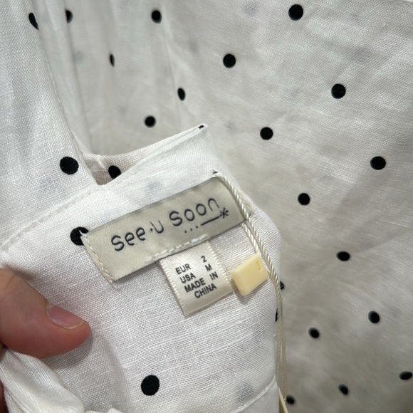 See U Soon Linen Tie-Back Polka Dot Ruffle Hem Midi Dress Size 2 White Black - Picture 6 of 7